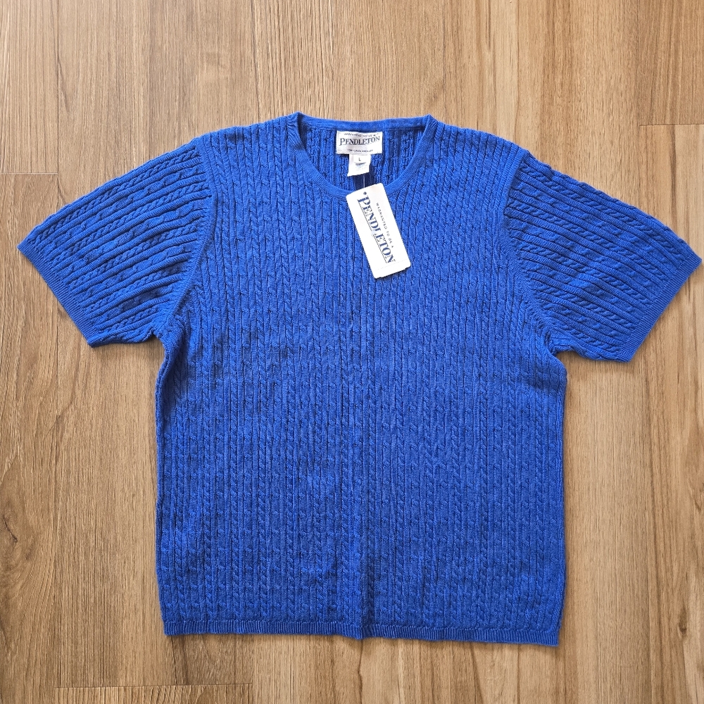 Vtg Pendleton Womens Blue Sweater Pullover Short sleeves Cotton Made In USA